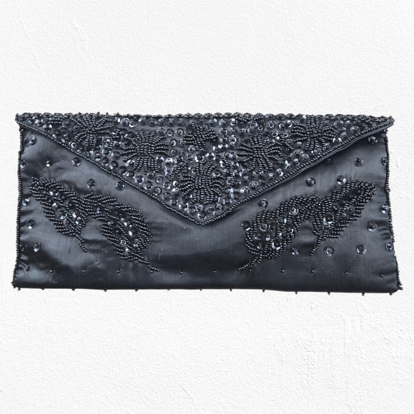 Vintage 50s Black Beaded Satin Evening Clutch Made in Japan Floral Cocktail Bag - Picture 1 of 8
